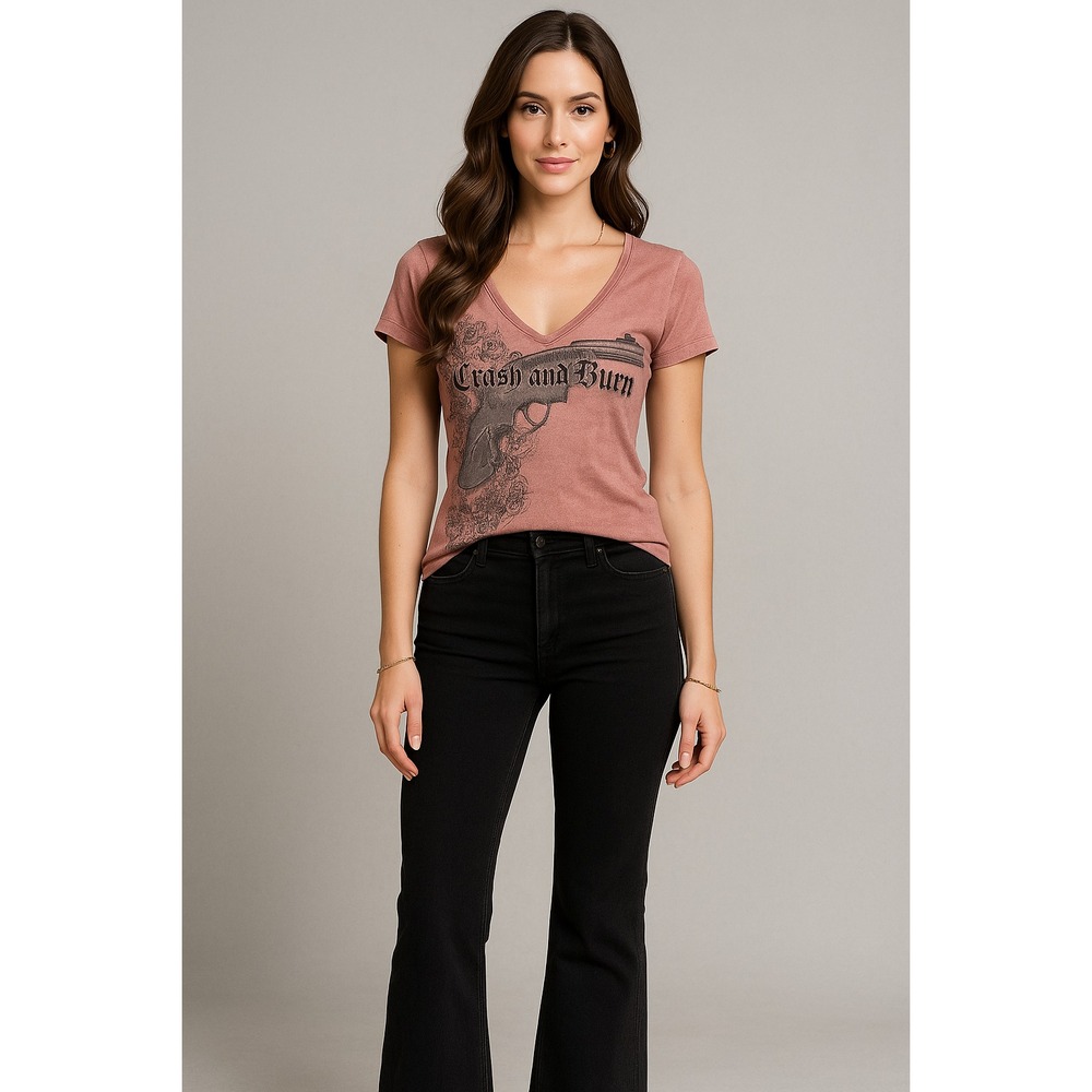 Crash and Burn Top‎ Womens XS Pink Embellished Rockabilly Guns Y2K Edgy Distress